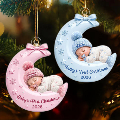 Personalized Acrylic Ornament With Sleeping Baby On Moon, Unique Creative Gift For New Parents