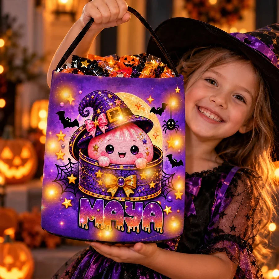 Personalized LED Light Up Fabric Basket, Cute Pumpkin Halloween Trick or Treat Bucket, Unique Gift for Kids