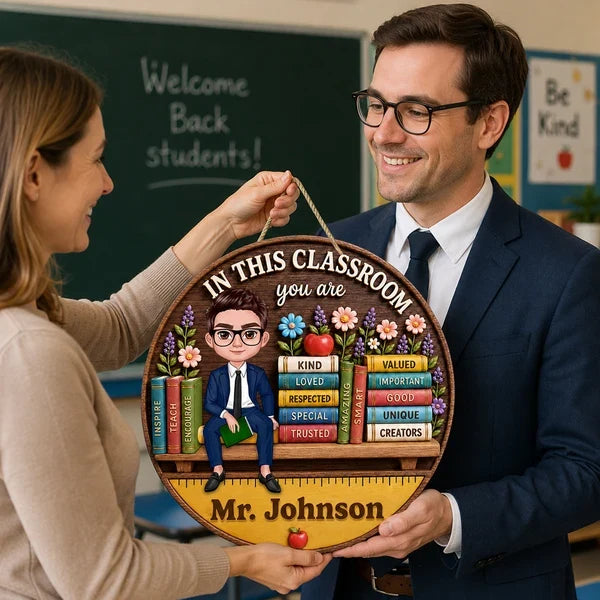 Personalized Wooden Sign with Seated Male Teacher, Classroom Door Decor, Unique Creative Gift