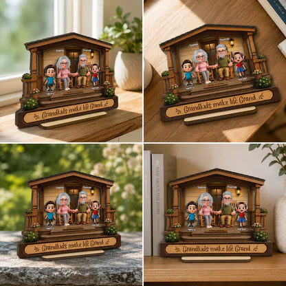 Personalized 2-Layer Wooden Plaque, Warm Cartoon Grandparents & Grandkids Porch Scene, Unique Gift for Grandparents