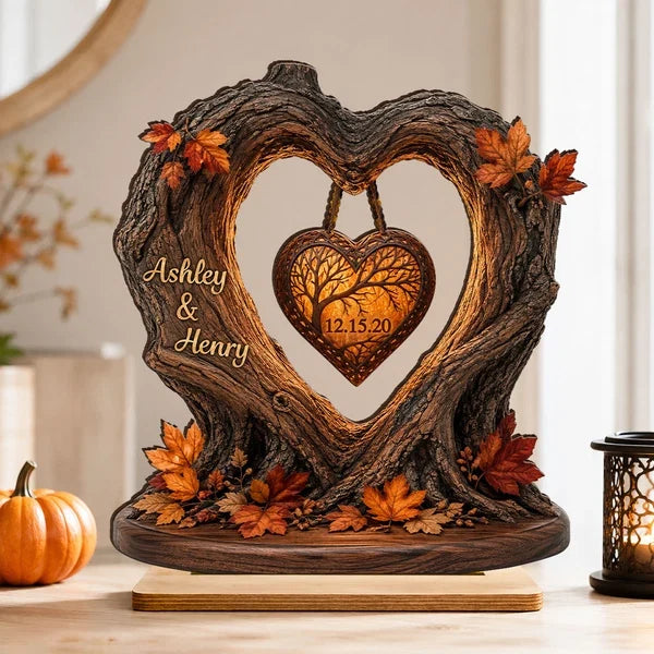 Personalized 2-Layer Wooden Plaque, Fall Heart Tree with Couple Silhouette, Unique Anniversary Gift
