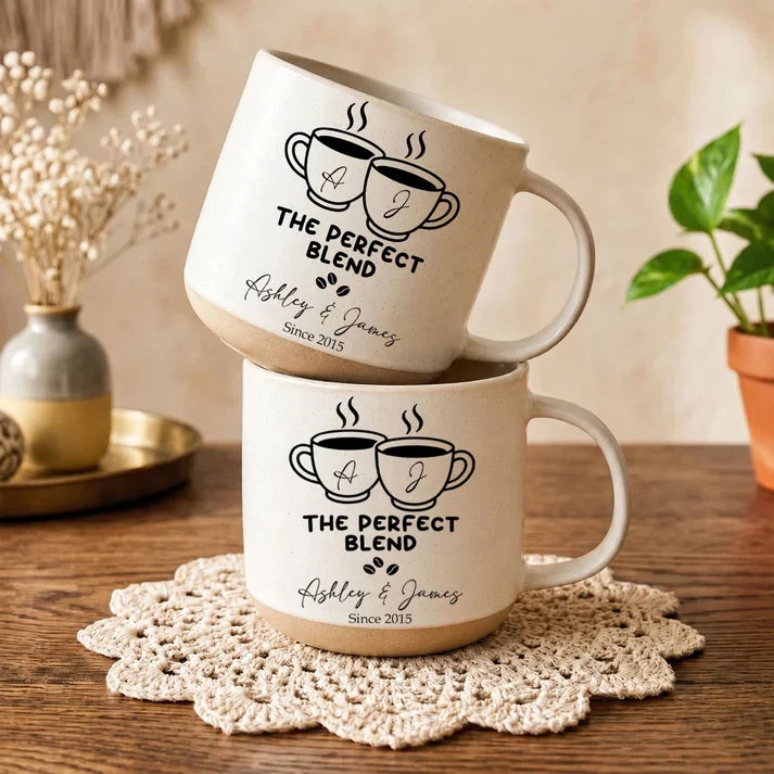 Personalized Pottery Mug with Stacked Coffee Cup Art, Cream and Teal Couple Keepsake, Unique Gift for Partners
