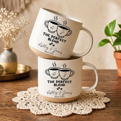 Personalized Pottery Mug with Stacked Coffee Cup Art, Cream and Teal Couple Keepsake, Unique Gift for Partners
