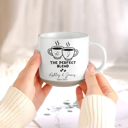 Personalized Pottery Mug with Stacked Coffee Cup Art, Cream and Teal Couple Keepsake, Unique Gift for Partners