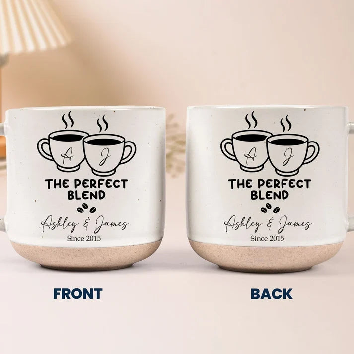 Personalized Pottery Mug with Stacked Coffee Cup Art, Cream and Teal Couple Keepsake, Unique Gift for Partners