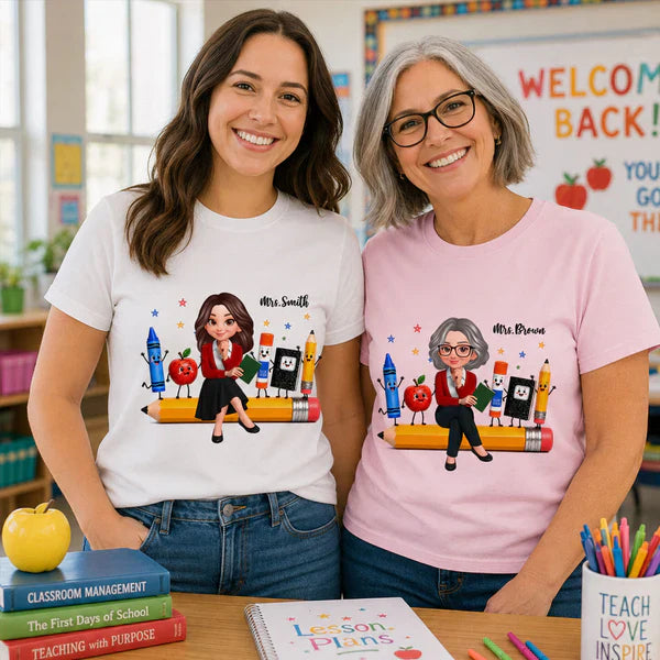Personalized Teacher Classic Tee With Cartoon School Supplies, Unique Back to School Gift