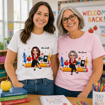 Personalized Teacher Classic Tee With Cartoon School Supplies, Unique Back to School Gift