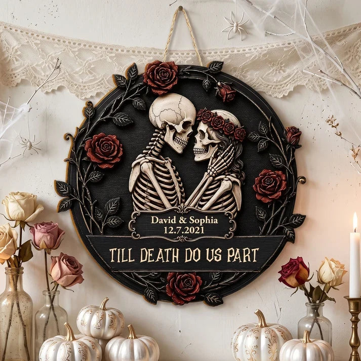Personalized Wooden Sign, Gothic Embracing Skeleton Couple with Red Roses, Unique Anniversary Gift for Couples