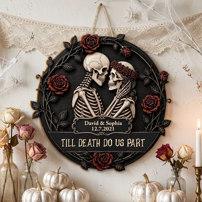 Personalized Wooden Sign, Gothic Embracing Skeleton Couple with Red Roses, Unique Anniversary Gift for Couples
