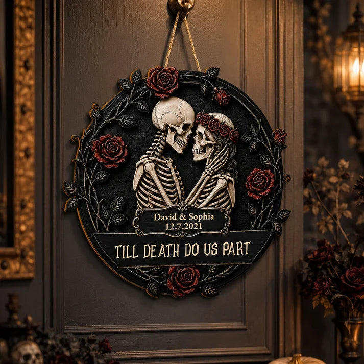 Personalized Wooden Sign, Gothic Embracing Skeleton Couple with Red Roses, Unique Anniversary Gift for Couples
