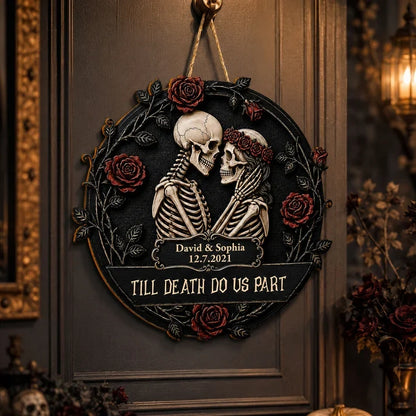 Personalized Wooden Sign, Gothic Embracing Skeleton Couple with Red Roses, Unique Anniversary Gift for Couples