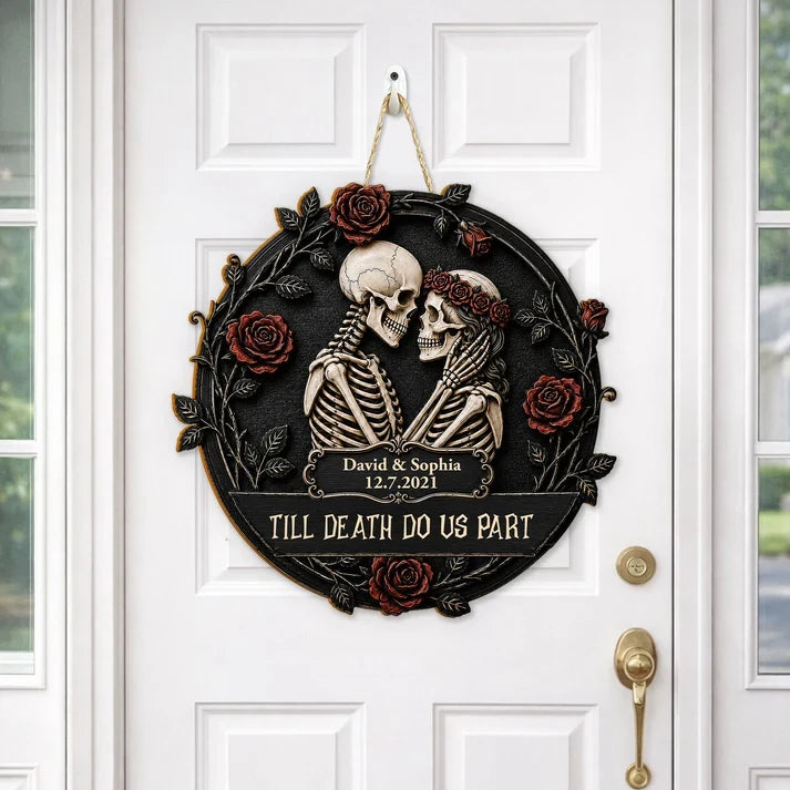 Personalized Wooden Sign, Gothic Embracing Skeleton Couple with Red Roses, Unique Anniversary Gift for Couples