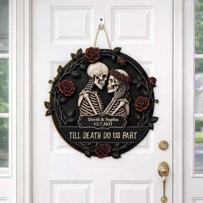 Personalized Wooden Sign, Gothic Embracing Skeleton Couple with Red Roses, Unique Anniversary Gift for Couples