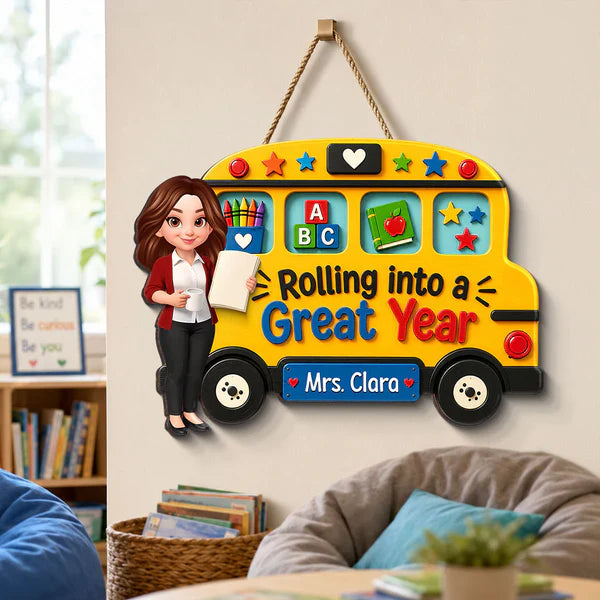 Personalized Teacher Wooden Sign With Yellow School Bus, Unique Back To School Gift For Classroom