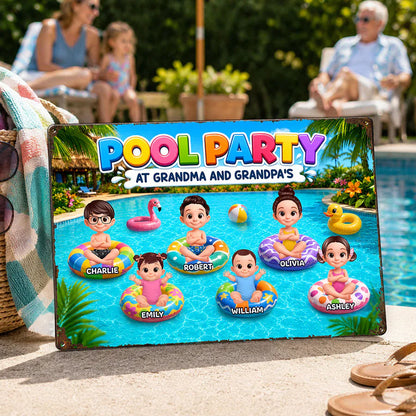 Personalized Rectangular Iron Sign, Pool Party With Cartoon Kids On Floats, Unique Gift For Grandparents