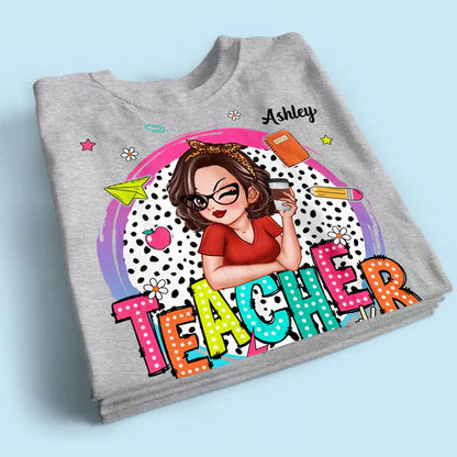 Personalized Classic Tee, Cartoon Teacher With Apple & Pencil, Unique Teacher Gift for Back to School