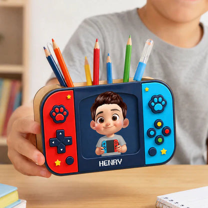 Personalized Wooden Pen Holder, Cute Gamer Boy Holding Controller, Unique Back To School Gift For Kids