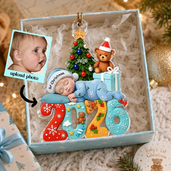Personalized Acrylic Ornament with Sleeping Baby and Christmas Tree, Unique Christmas Gift for New Parents