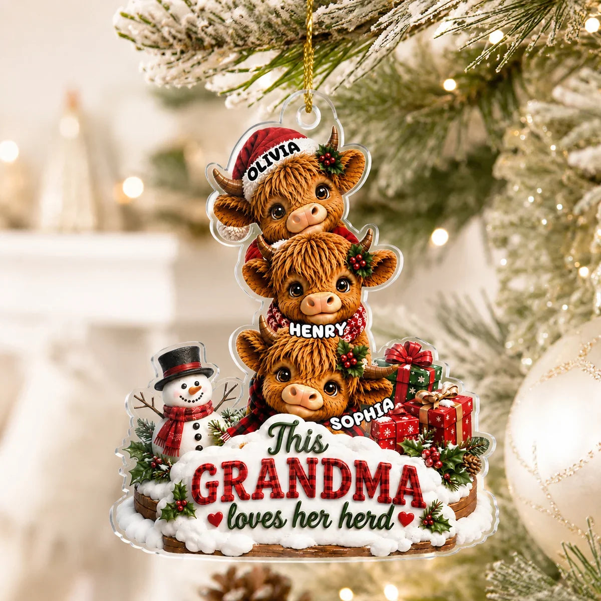 Personalized Acrylic Ornament, Grandma Loves Her Herd with Cuddling Cows in Festive Snow, Creative Gift for Grandma