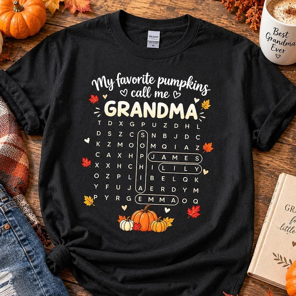 Personalized Classic Tee, Pumpkin Word Search Design, Unique Fall Gift for Grandma