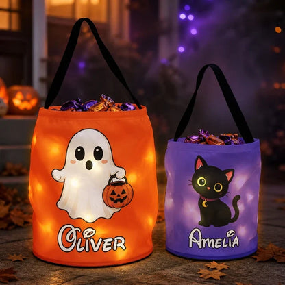 Personalized LED Light Up Fabric Basket, Ghost Carrying a Pumpkin Pail, Unique Halloween Gift for Kids