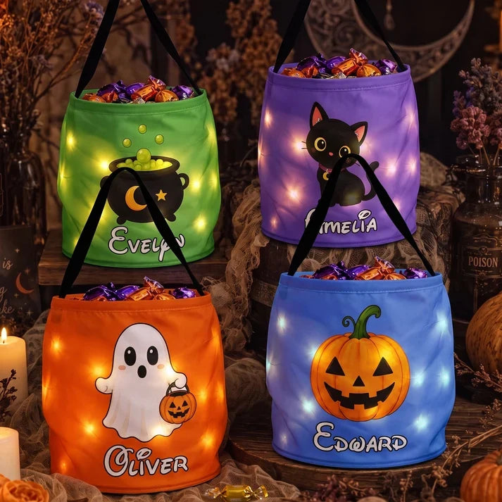 Personalized LED Light Up Fabric Basket, Ghost Carrying a Pumpkin Pail, Unique Halloween Gift for Kids