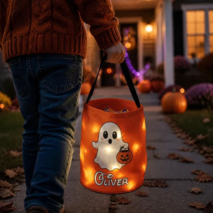 Personalized LED Light Up Fabric Basket, Ghost Carrying a Pumpkin Pail, Unique Halloween Gift for Kids