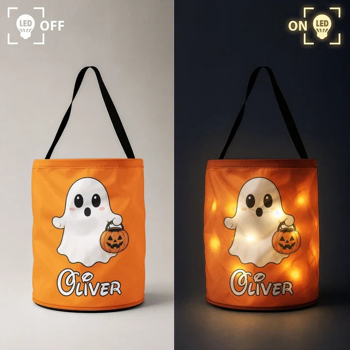 Personalized LED Light Up Fabric Basket, Ghost Carrying a Pumpkin Pail, Unique Halloween Gift for Kids