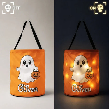 Personalized LED Light Up Fabric Basket, Ghost Carrying a Pumpkin Pail, Unique Halloween Gift for Kids