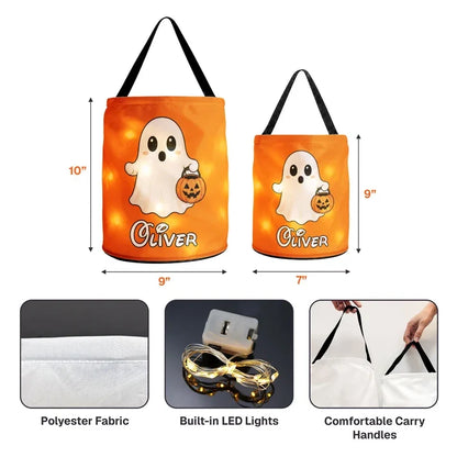 Personalized LED Light Up Fabric Basket, Ghost Carrying a Pumpkin Pail, Unique Halloween Gift for Kids