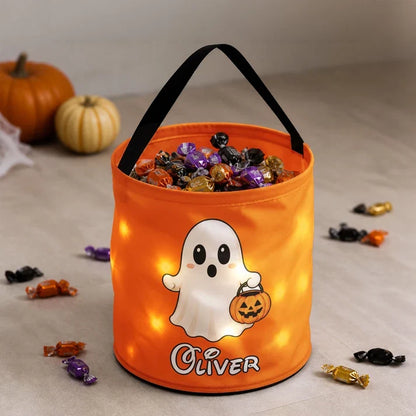 Personalized LED Light Up Fabric Basket, Ghost Carrying a Pumpkin Pail, Unique Halloween Gift for Kids