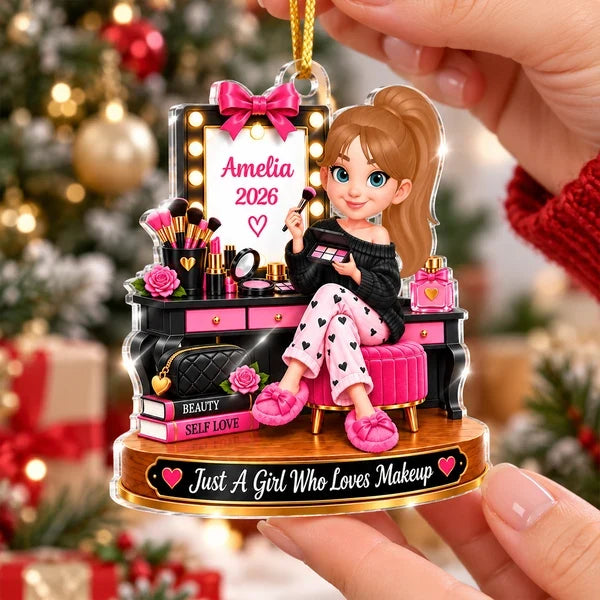 Personalized Acrylic Ornament, Girl Applying Makeup at a Pink Vanity, Unique Christmas Gift for a Daughter