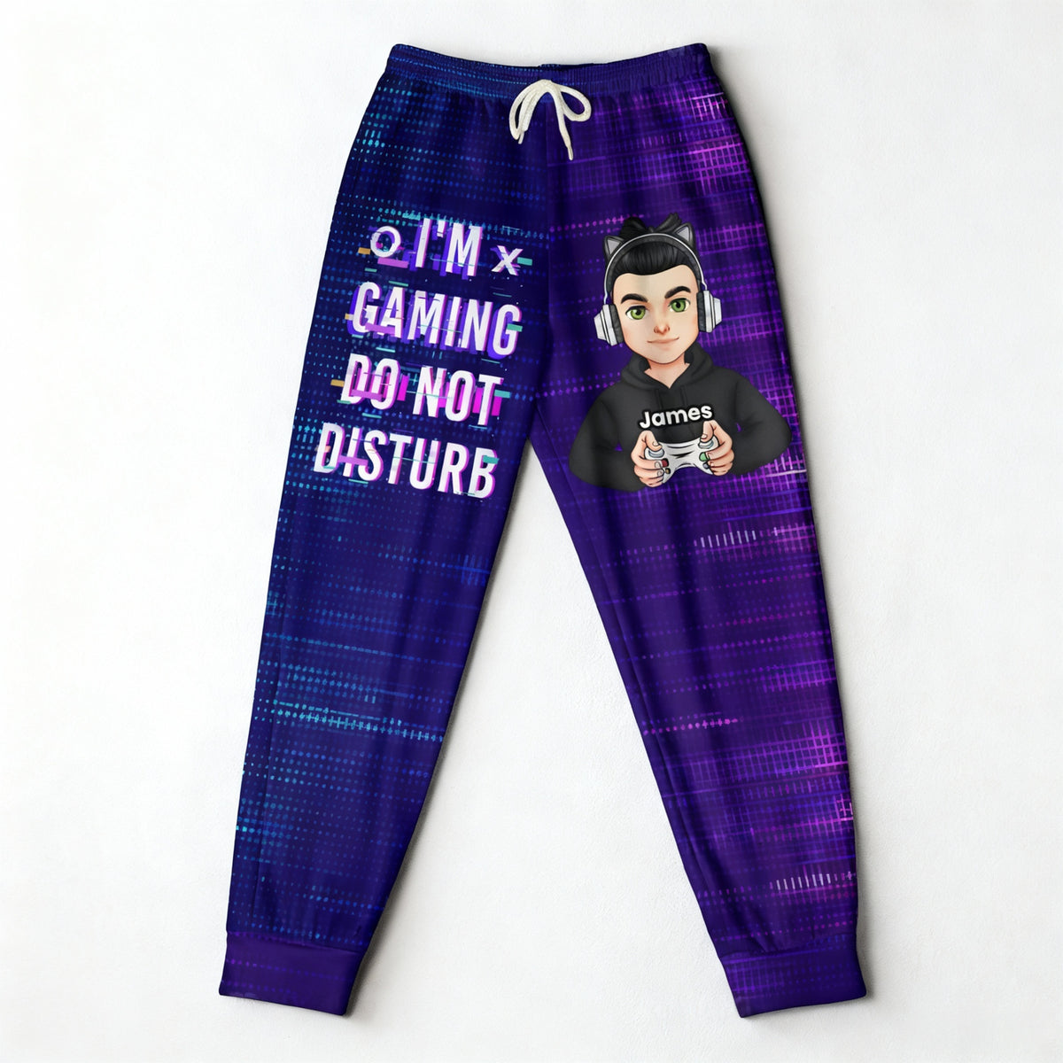 Custom Pixel Gamer Cartoon Sweatpants, Neon Print "Do Not Disturb" Gaming Joggers, Creative Gift