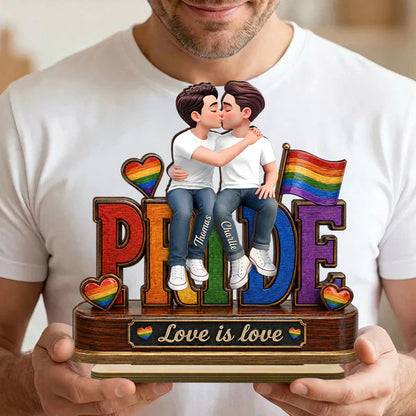 Personalized 2-Layer Wooden Plaque, Same-Sex Couple Kissing, Love Is Love, Unique Gift for Her