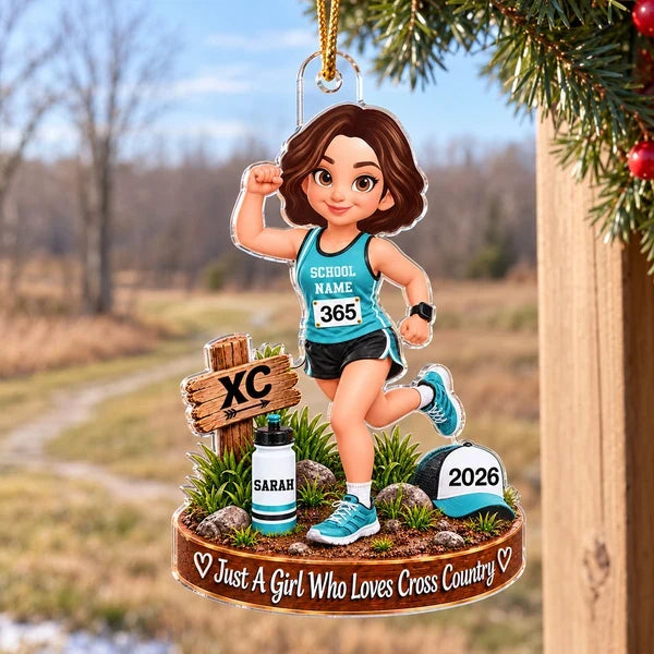 Personalized Acrylic Ornament, Colorful Cartoon Cross-Country Runner on a Trail, Unique Christmas Gift for Daughter
