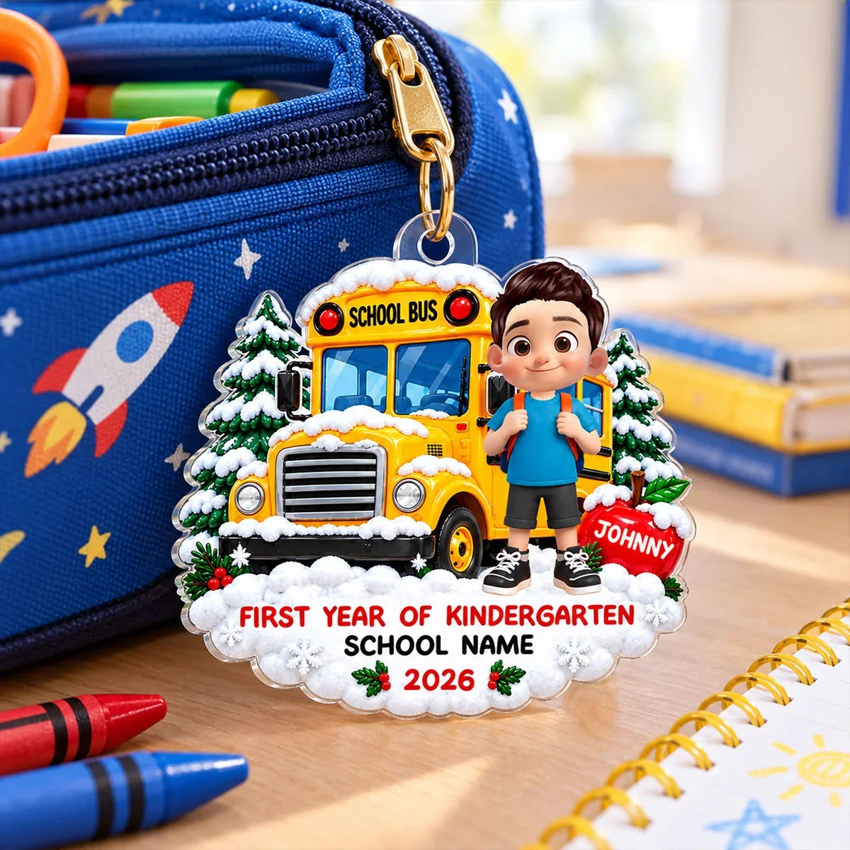 Personalized Acrylic Ornament, Child by Snowy School Bus, Unique Christmas Gift for Kindergarten Kids