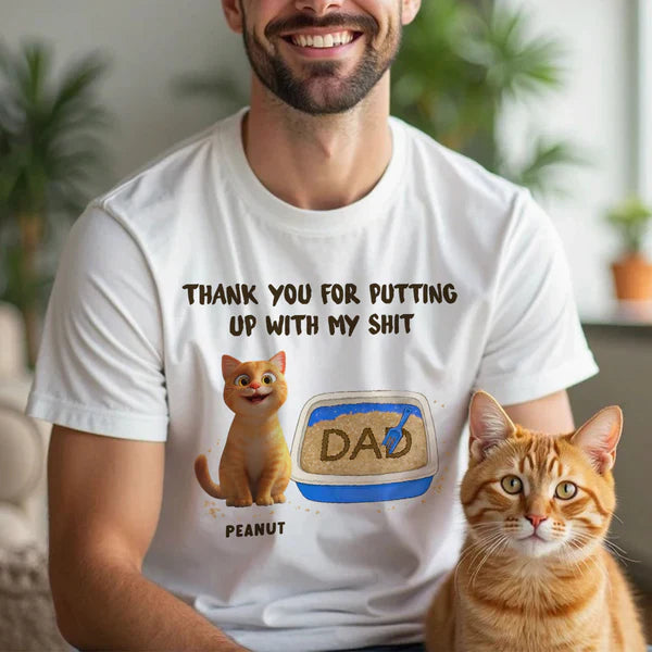 Personalized Classic Tee with Orange Cat & Litter Box, Funny Unique Gift for Cat Dad