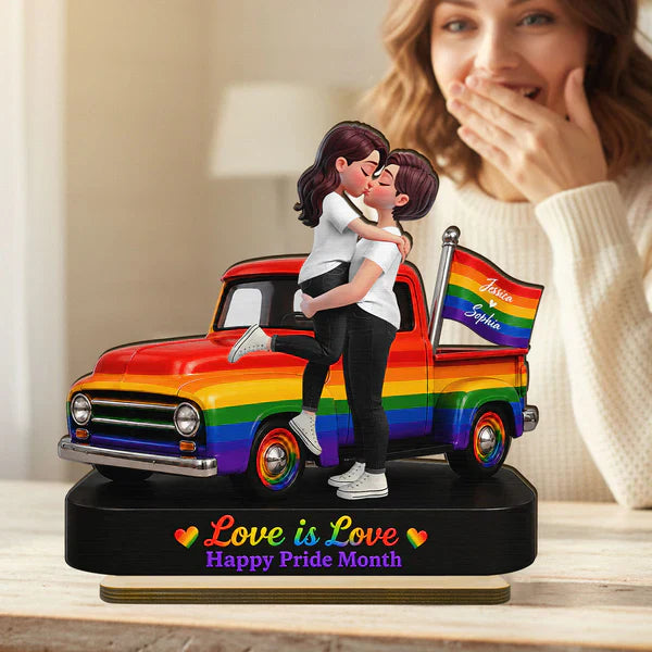 Personalized 2-Layer Wooden Plaque, LGBT Couple Rainbow Truck, Unique Gift for Couple, Pride Decor