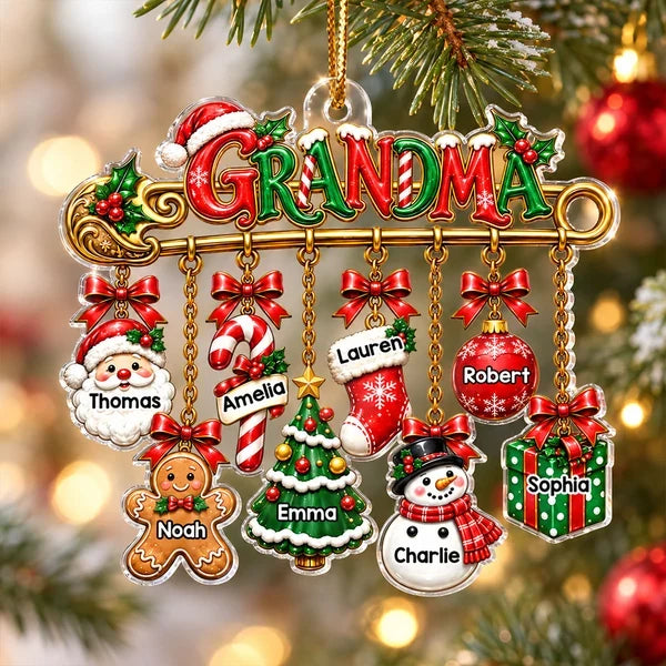 Personalized Acrylic Ornament, Grandma Safety Pin with Hanging Christmas Charms, Unique Gift for Grandma