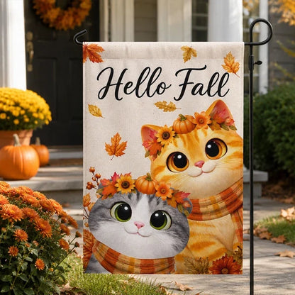 Personalized Garden Flag with Cute Cat in Scarf, Autumn Yard Decor and Unique Gift for Cat Lovers