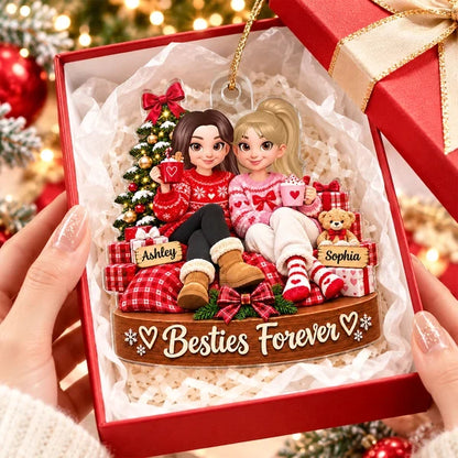 Personalized Acrylic Ornament, Friends Holding Mugs by a Christmas Tree, Unique Red Cartoon Gift for a Close Friend