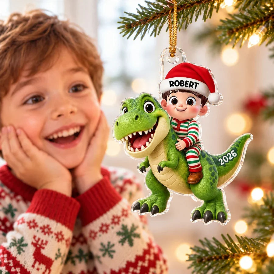Personalized Acrylic Ornament, Festive Child Riding a Green Dinosaur, Creative Keepsake Gift for Grandkids