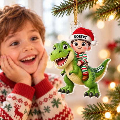 Personalized Acrylic Ornament, Festive Child Riding a Green Dinosaur, Creative Keepsake Gift for Grandkids