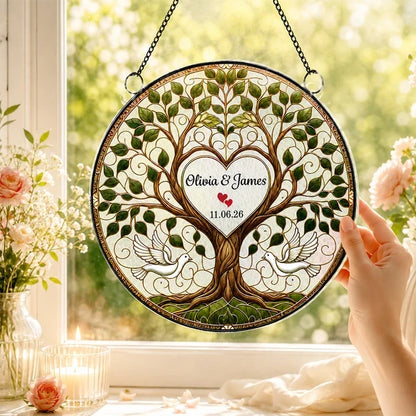 Personalized Acrylic Suncatcher Ornament, Flying Doves & Tree of Life, Unique Wedding Gift for Couples