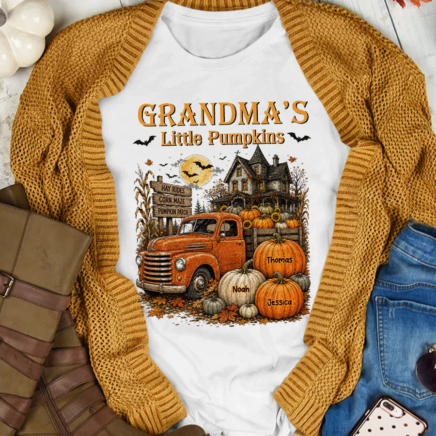 Personalized Classic Tee, Grandma's Little Pumpkins Vintage Truck, Unique Halloween Gift For Grandma