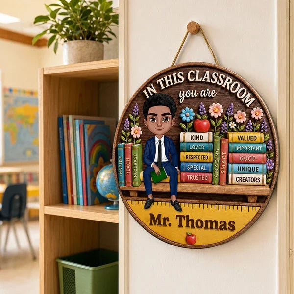 Personalized Wooden Sign with Seated Male Teacher, Classroom Door Decor, Unique Creative Gift