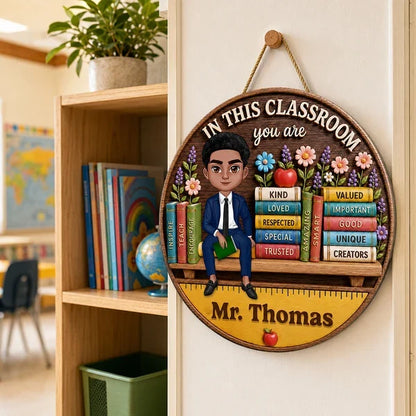 Personalized Wooden Sign with Seated Male Teacher, Classroom Door Decor, Unique Creative Gift