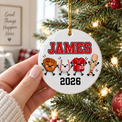 Personalized Ceramic Ornament with Cute Baseball Gear, Unique Christmas Gift for Players and Baseball Fans