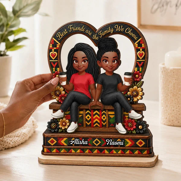 Personalized 2-Layer Wooden Plaque with Sitting Friends & Coffee, Unique Creative Gift for Friend