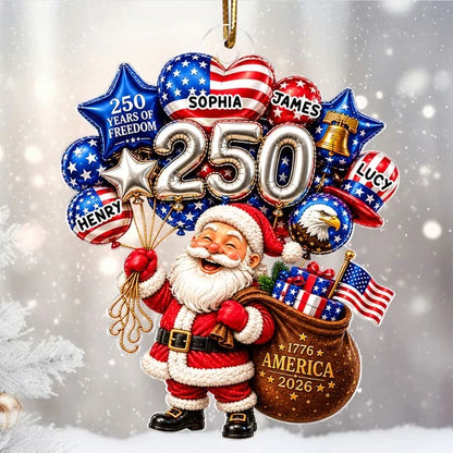 Personalized Acrylic Ornament, Santa Holding Patriotic Balloons on a Tree, Unique Christmas Gift for Family